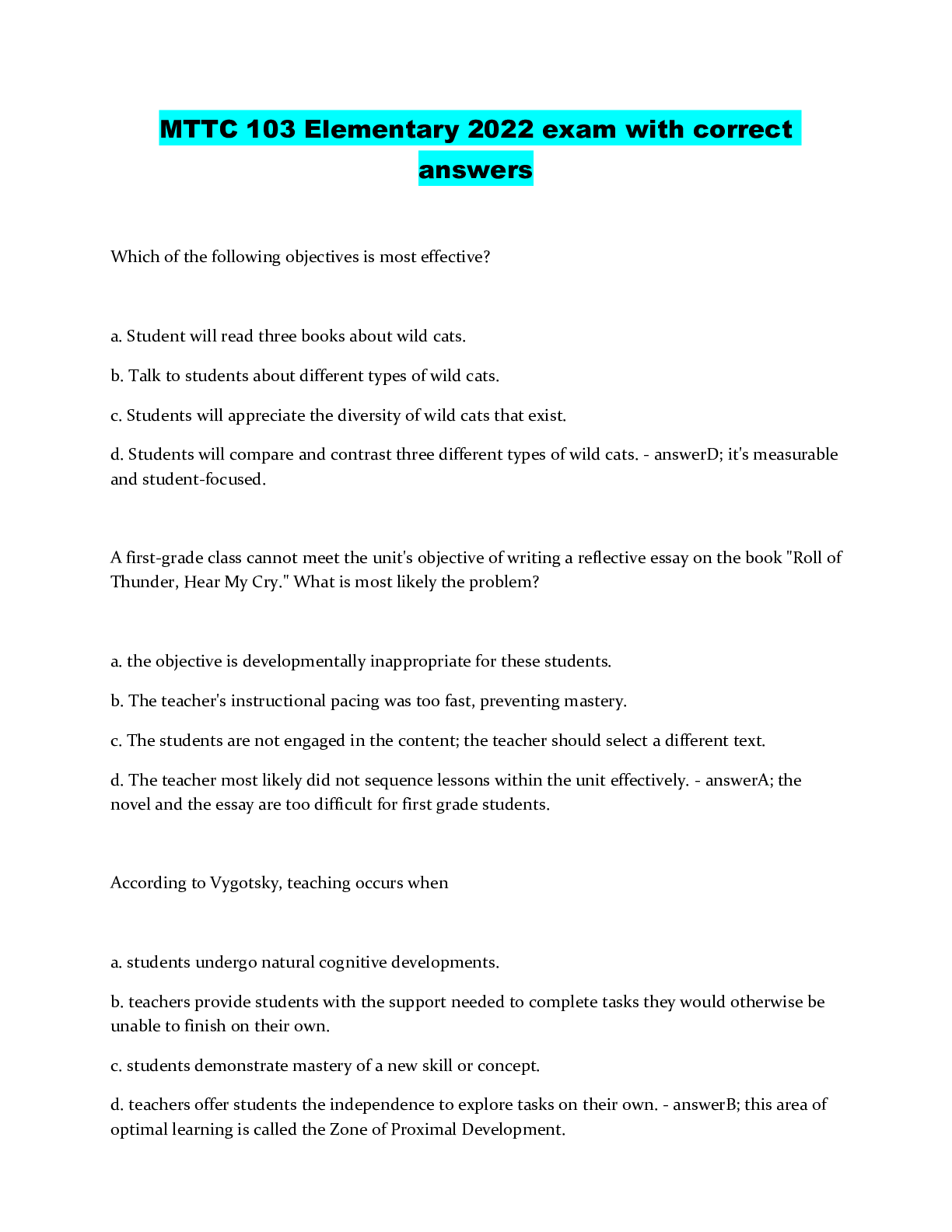 Preview of MTTC 103 Elementary 2022 exam with correct answers